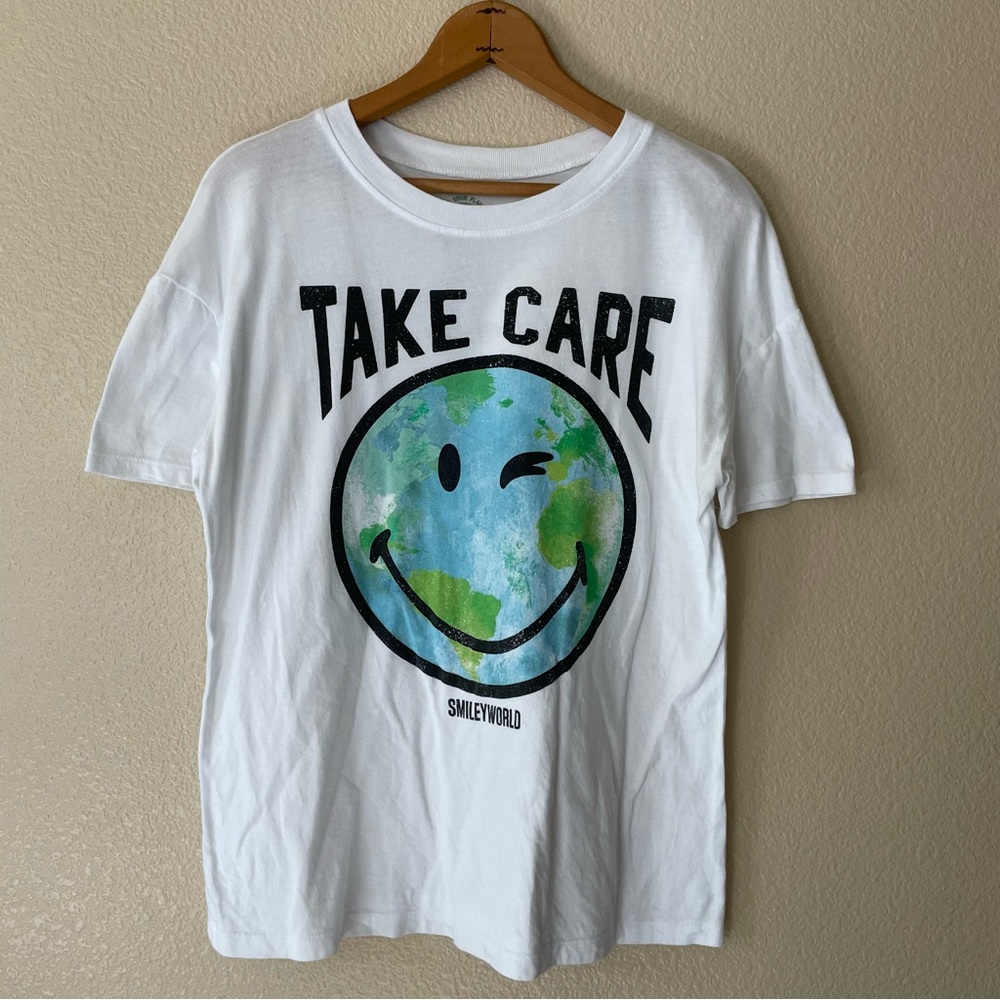 Smiley World Take Care Earth GraphicT-Shirt Small White Love Your Planet